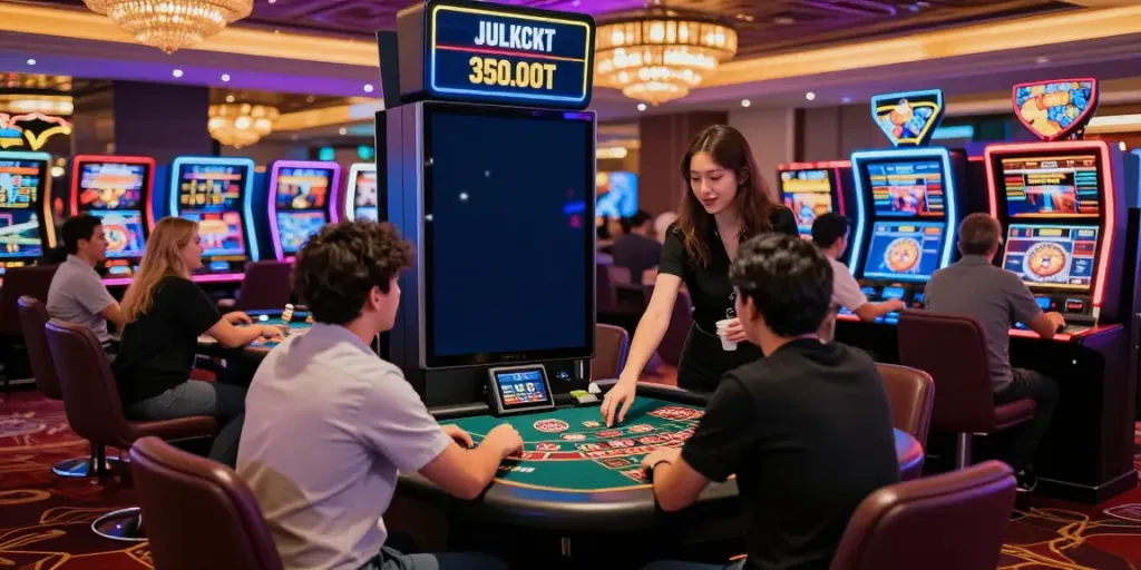 Exciting uk casino not on gamstop scene with players at roulette and blackjack tables in a vibrant casino atmosphere.