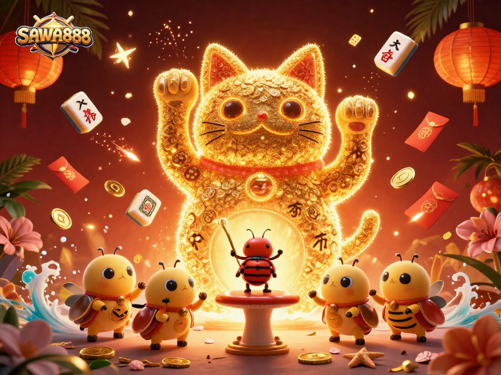 Experience thrilling gameplay with SAWA888's vibrant lucky cat and casino symbols in a dazzling 3D scene.