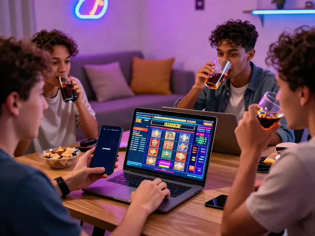 Friends enjoying an exciting gaming session at a UK casino not on GamStop, featuring lively atmosphere and vibrant displays.