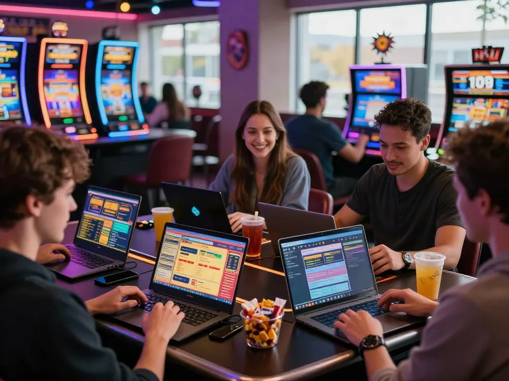 Exciting scene of players enjoying games at a UK casino not on GamStop, featuring vibrant gaming interfaces and a lively atmosphere.
