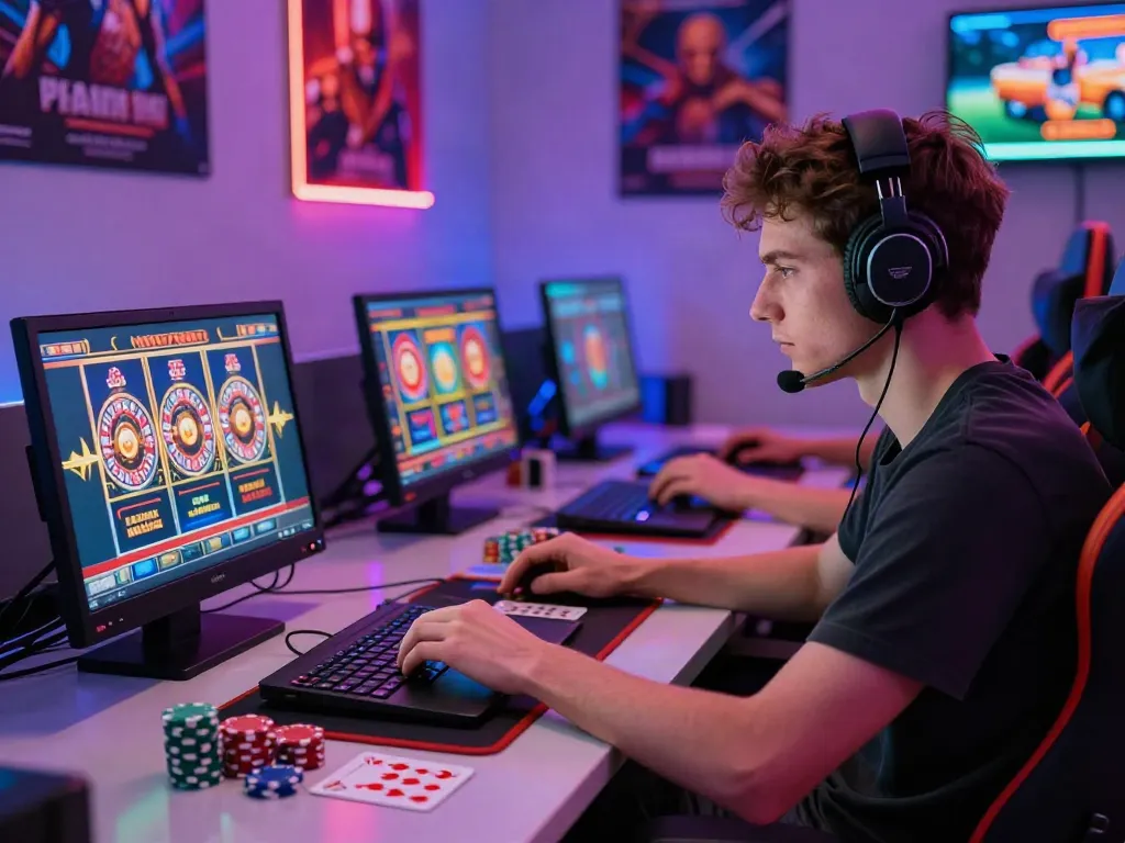 Engaging online gambling scene showing a young man playing at a UK casino not on GamStop.