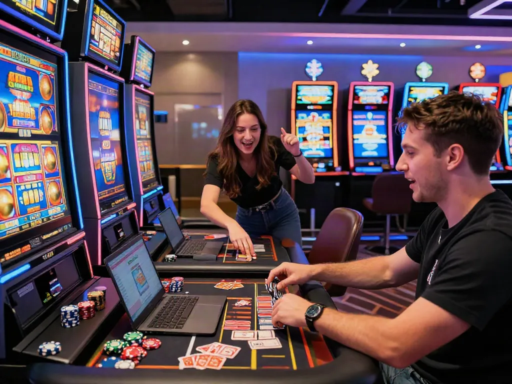 Exciting gaming scene at a UK casino not on GamStop with players engaged in slot and roulette games.