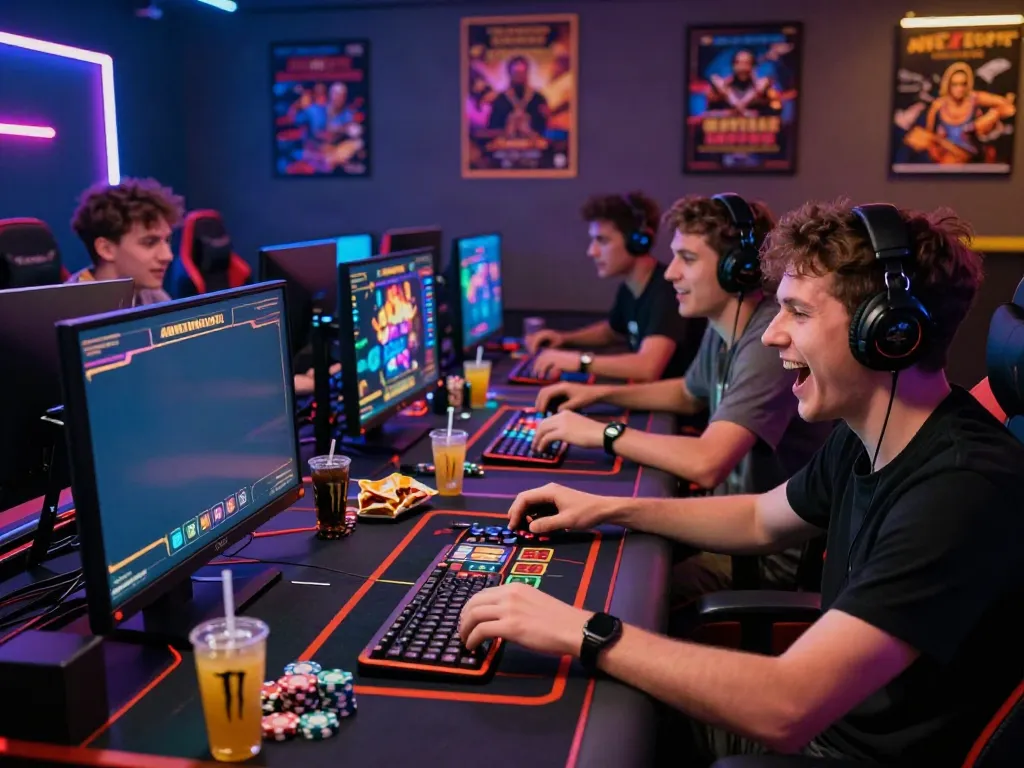 Friends enjoying gaming experience at a UK casino not on GamStop, showcasing a modern setup with colorful graphics.