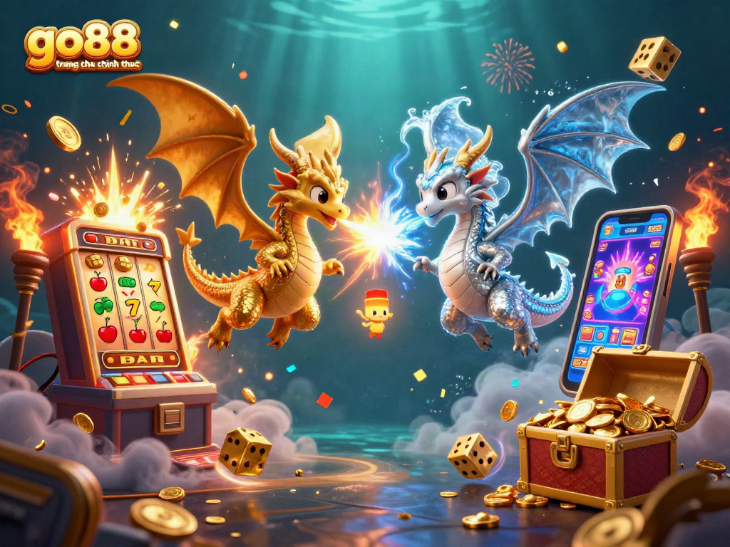 Experience the excitement at go88 trang chu chinh thuc with vibrant gaming elements bursting around fantasy dragons.