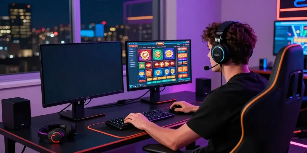 Person gaming with online slots and tables at a stylish desk, exploring uk casino not on gamstop options in a vibrant room.