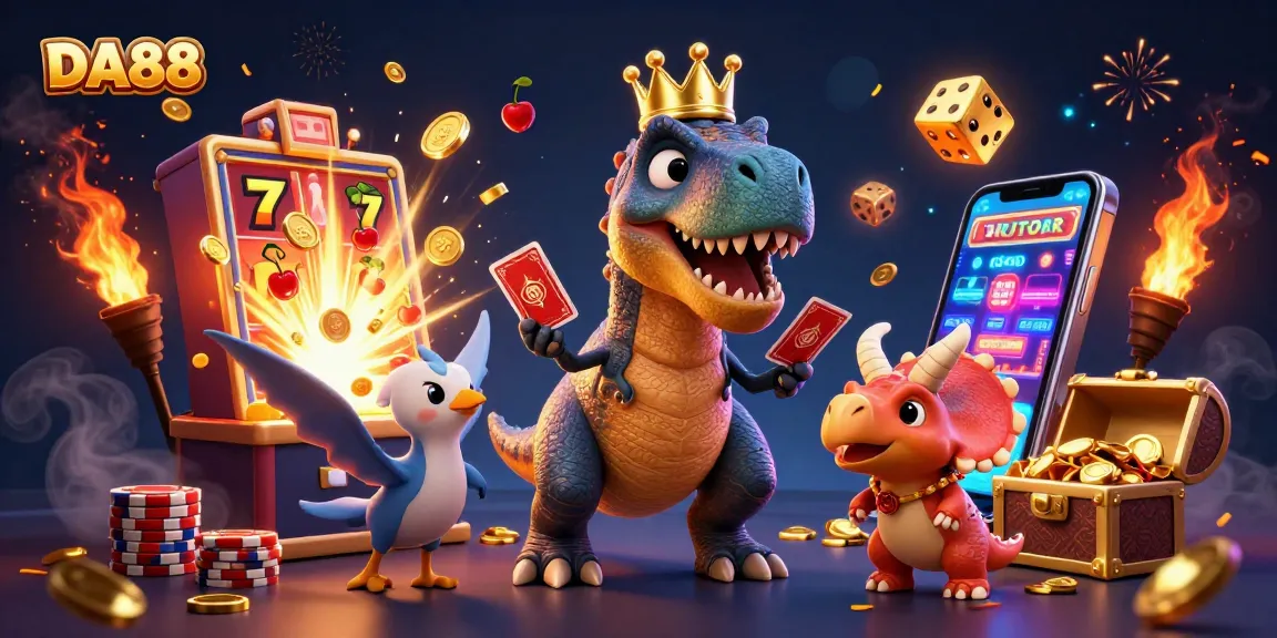 Engage with DA88 in a colorful casino scene featuring a playful T-Rex dealing cards amidst a jackpot explosion.