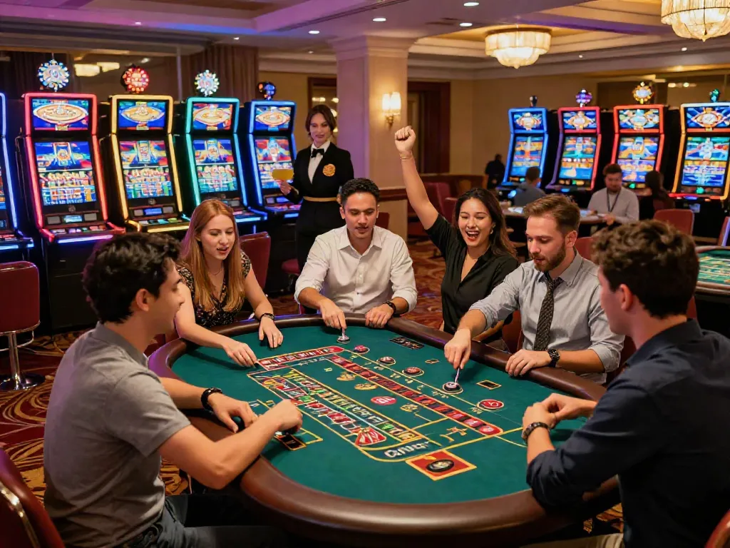 The vibrant experience of a gaming room at a UK casino not on GamStop with enthusiastic players at the roulette table.