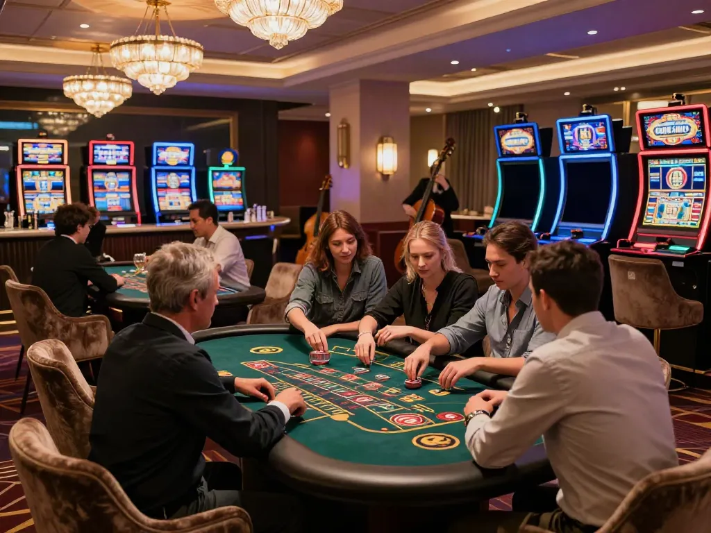 uk casino not on gamstop gaming lounge with players at tables and modern slot machines
