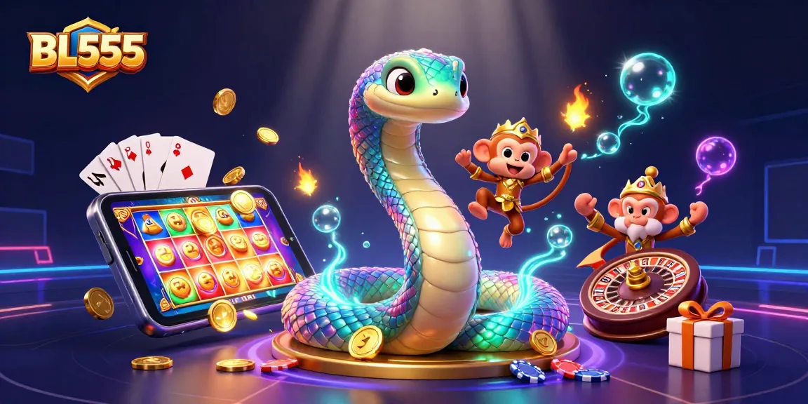 Engage with immersive gaming action at BL555 featuring a whimsical scene with the playful monkey king, enchantingly coiled rainbow serpent, and vibrant casino elements.
