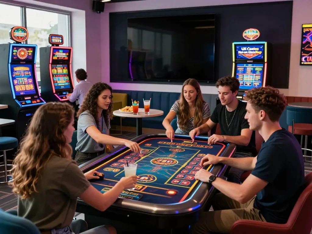 A lively casino gaming lounge where friends enjoy games at 'UK casinos not on GamStop', featuring vibrant LED decor.