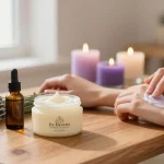 Applying De stress Whipped Body Butter in a calming spa setting with lavender and essential oils.