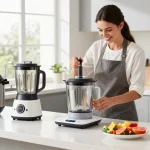 Home cook using smart kitchen gadgets like a mixer and scale in a bright, modern kitchen