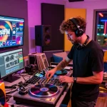 BlastFM Tweetcast showcasing DJ in vibrant studio mixing music tracks