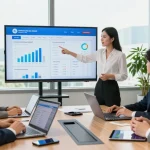 Team collaborating in a conference room, discussing local business promotion platform strategies and analytics.