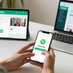 Downloading WhatsApp下載 on a smartphone in a cozy home setting with tech accessories.