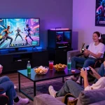 Friends enjoying an ero game together in a vibrant gaming room.