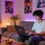 Engaging young man playing hentai game online in cozy living room with anime decor.