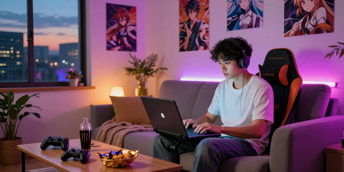 Engaging young man playing hentai game online in cozy living room with anime decor.