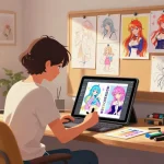Creative artist designing ecchi ai characters in a colorful studio