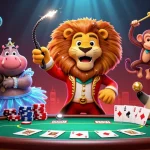 Engage in thrilling action at Tải Go88 with a lively scene featuring circus characters, poker elements, and vibrant casino atmosphere.