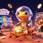 Engage with the exciting 789 bet illustration showcasing a Martian gecko exploring a golden casino.