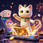 Feel the excitement with sunwin20r as the mummy cat and scarab beetle celebrate wins in an amazing casino scene!